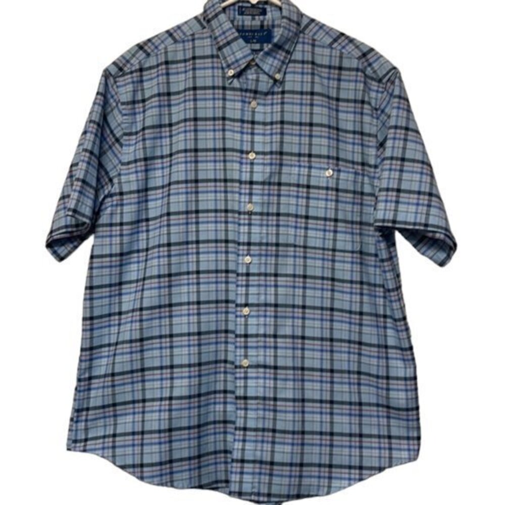 Towncraft Plaid Checkered Blue S/S Button Down Shirt Wrinkle Free Size Large